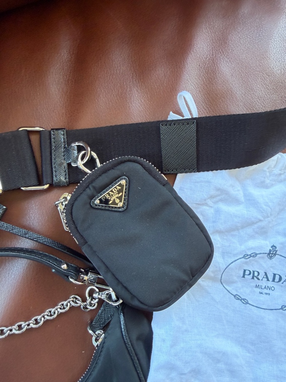 Prada Black Nylon Shoulder Bag with Chain Accent and Strap - Picture 2 of 5